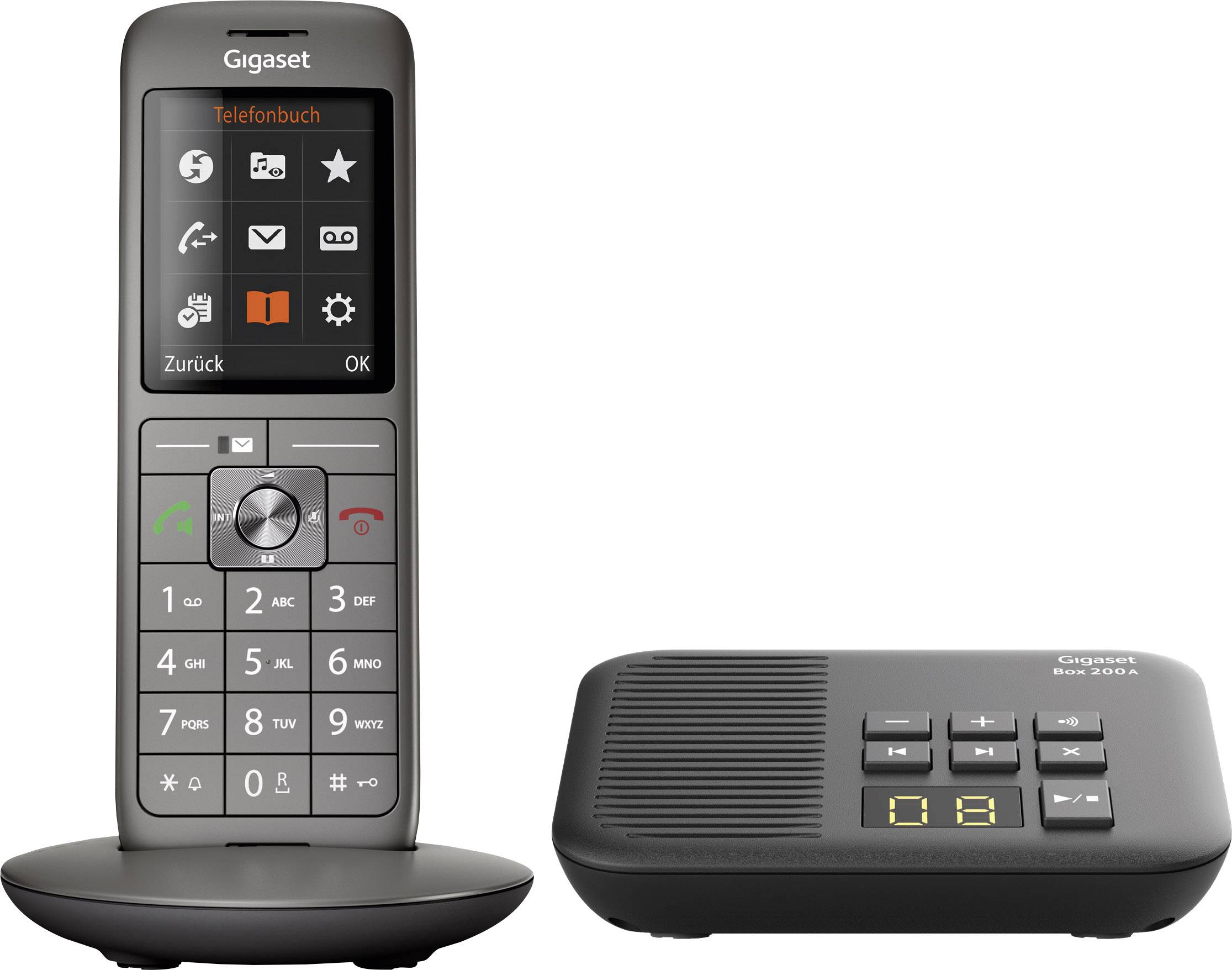 Telefono cordless con display che mostra il menu con opzioni come 'Rubrica'. Accanto al telefono una base con tasti.