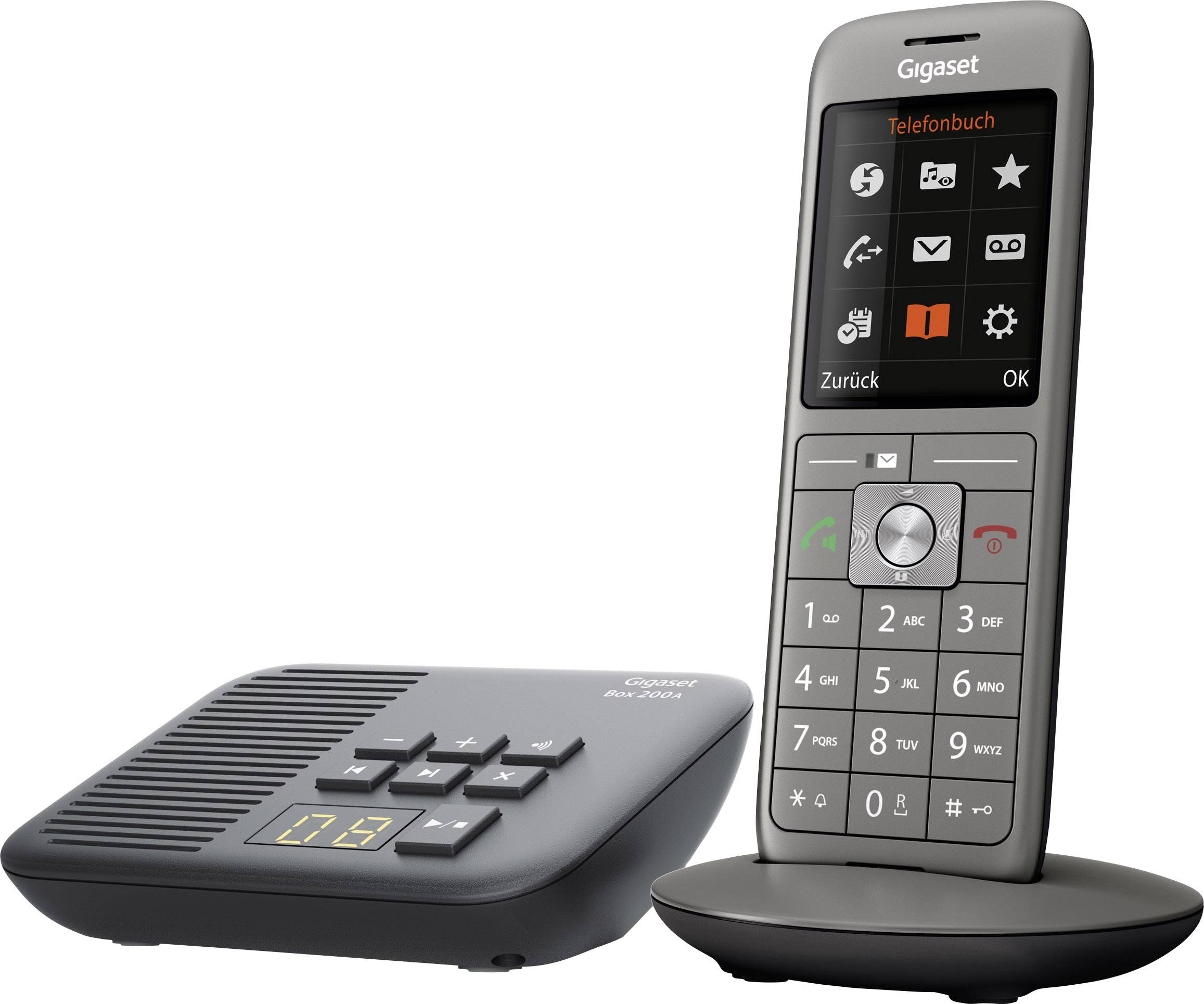 Telefono cordless con stazione base e display illuminato, che mostra simboli per contatti, chiamate e impostazioni.