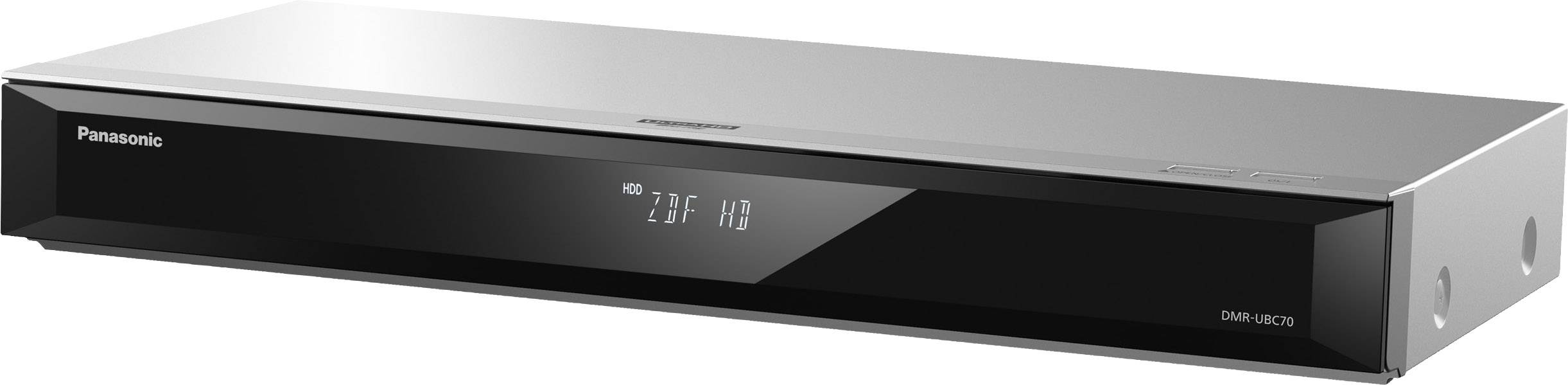 Lettore Blu-ray Panasonic argentato con display digitale frontale che mostra l'ora '21:12'. Design moderno e sottile.
