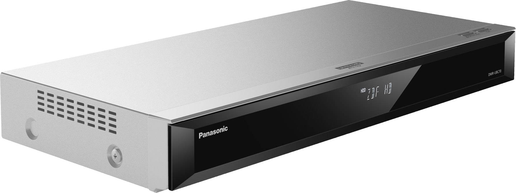 Un lettore Blu-ray Panasonic moderno e sottile, con parte anteriore lucida nera e display discreto, che mostra il logo del marchio.