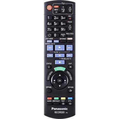Telecomando nero Panasonic con tasti per TV, Internet, registrazione, volume e canali. Include funzioni guida e menu.
