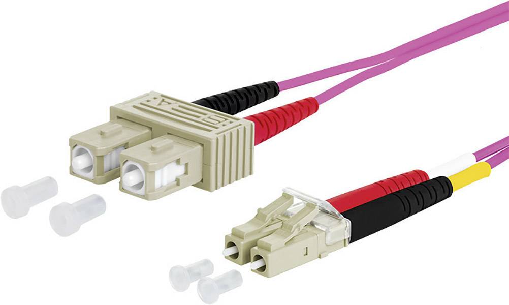 'Due tipi di connettori in fibra ottica, uno beige con attacco quadrato e l'altro beige con attacco rotondo, ciascuno con cavi colorati.'