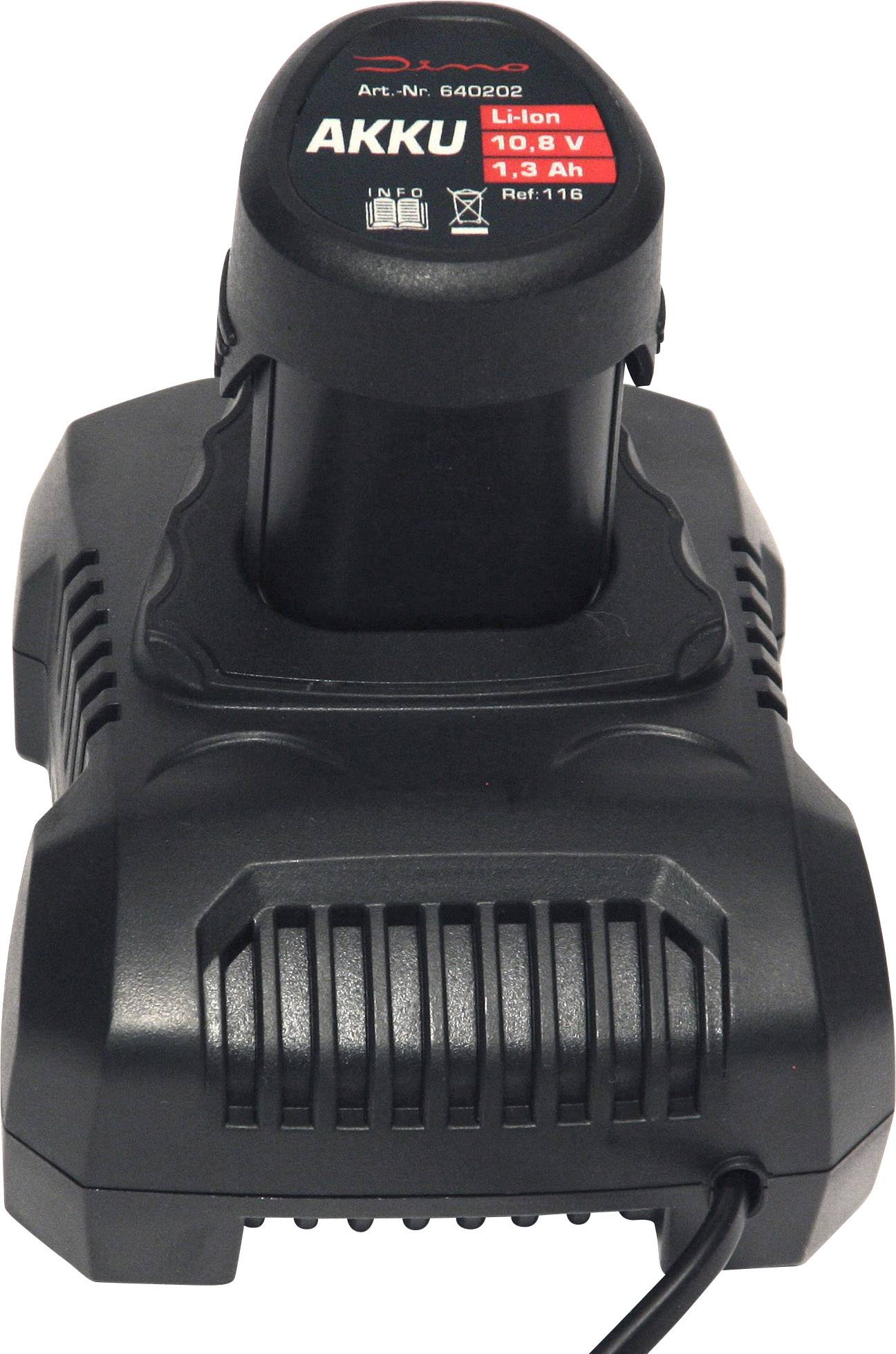 Un caricabatterie nero con una batteria agli ioni di litio. Etichetta sulla batteria: '10,8 V 1,3 Ah'.