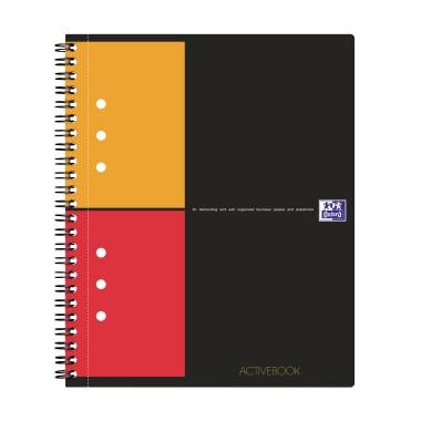 Quaderno ad anelli con copertina nera e campi rossi e arancioni. Testo sul libro: 'ACTIVEBOOK'.