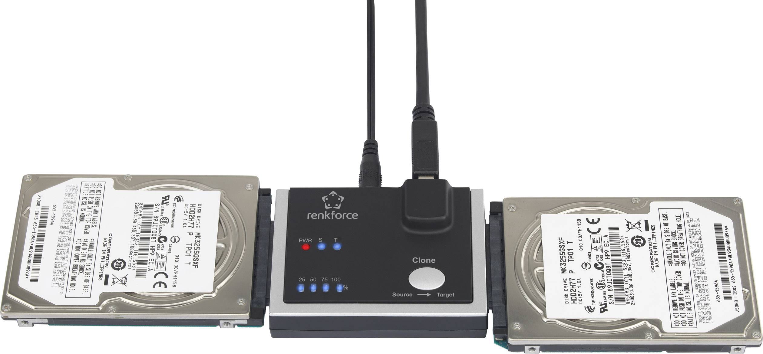 Stazione di dock per hard disk con due hard disk collegati, pronta per il trasferimento dati, che mostra spie di stato e comandi.