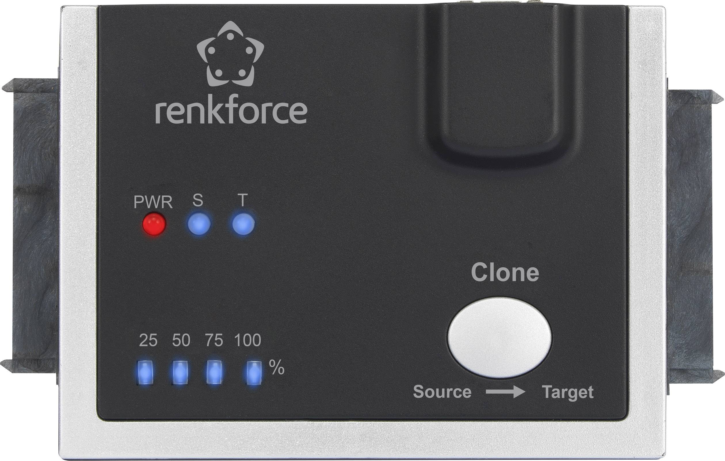 Un dispositivo nero-grigio con la scritta 'renkforce' e 'Clone'. Indicatori LED per PWR e percentuale (da 25 a 100). Tasti per 'Source' e 'Target'.