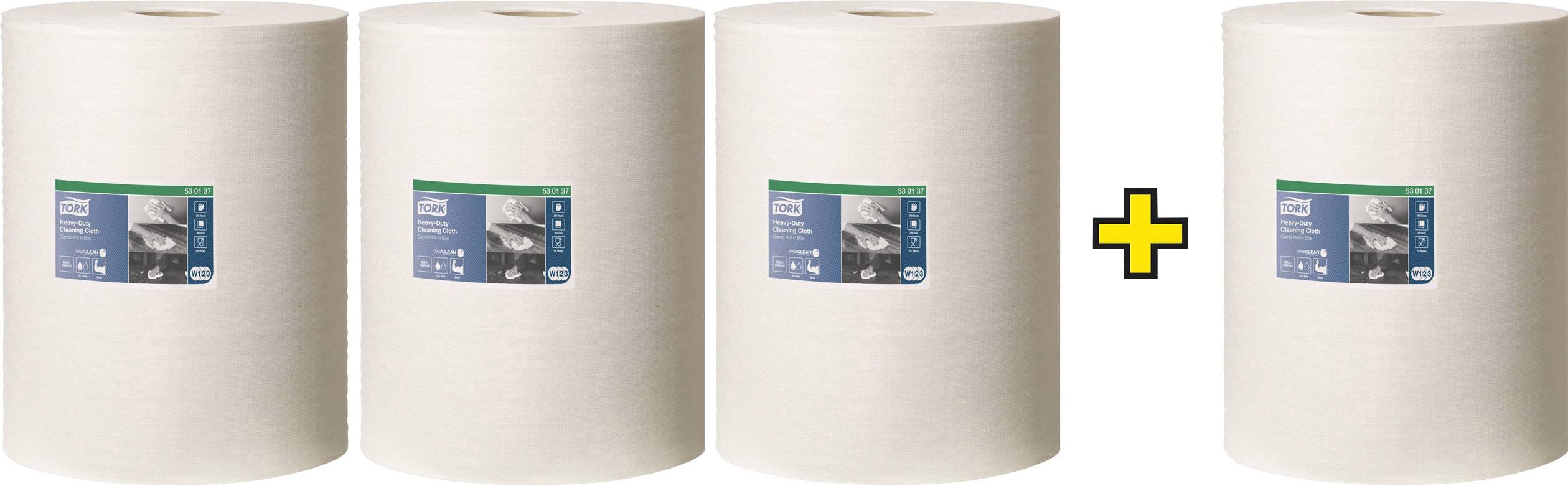 Tre grandi rotoli di carta affiancati, con un segno più tra il terzo e un quarto rotolo.