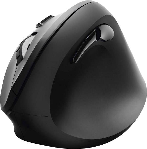 Mouse verticale ergonomica in nero, progettata per ridurre l'affaticamento del polso, con tasti e rotella di scorrimento.