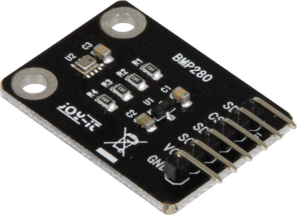 Componente elettronica su una piccola scheda con la scritta 'BMP280'. Contiene diversi pin e componenti elettronici.