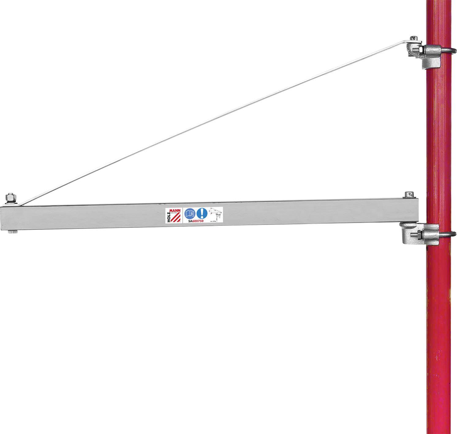 Un tubo di ponteggio rosso con una traversa orizzontale grigia e una fune di ancoraggio, tipico dei ponteggi edili.