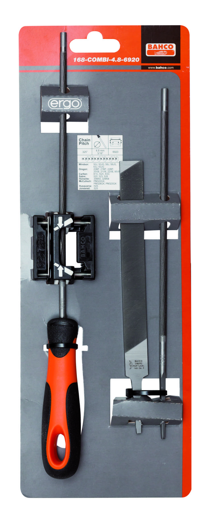 Set di utensili su una mappa con manico e lime. Nome del marchio in alto a destra. Adatto per affilare catene di motoseghe.
