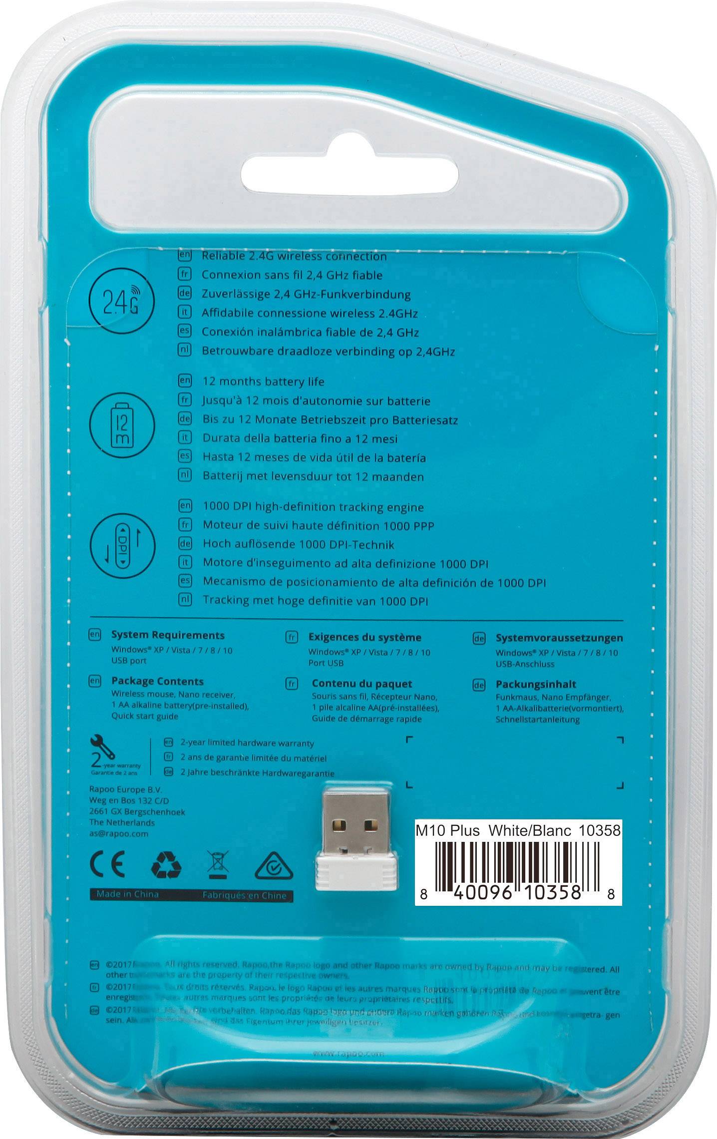 Rapoo M10 Plus mouse Ufficio Ambidestro RF Wireless Ottico 1000 DPI (Rapoo M10 PLUS - mus - 2.4 GHz - hvid)-6