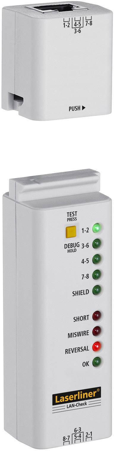 Tester di rete mostra "OK" con spie di controllo per connessioni cavo da 1-2 a 7-8. Idoneo per il controllo delle linee e la diagnosi degli errori.