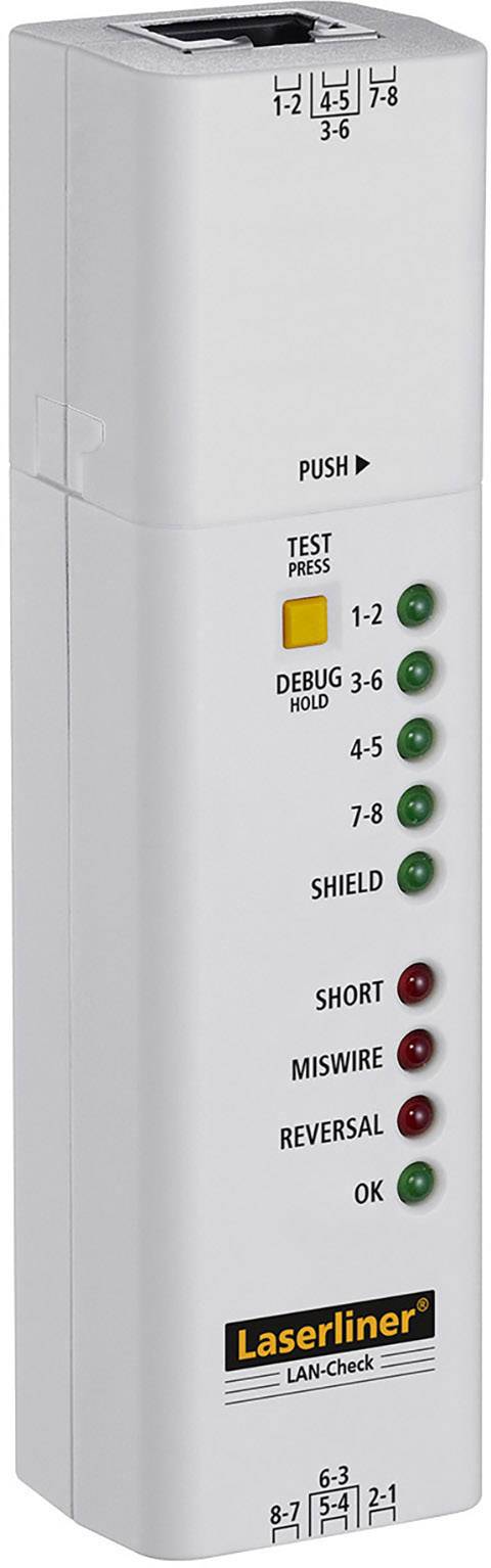 Tester LAN di Laserliner per la verifica dei cavi. Mostra lo stato del test tramite LED per le coppie 1-2, 3-6, 4-5, 7-8, inclusi gli schermi.
