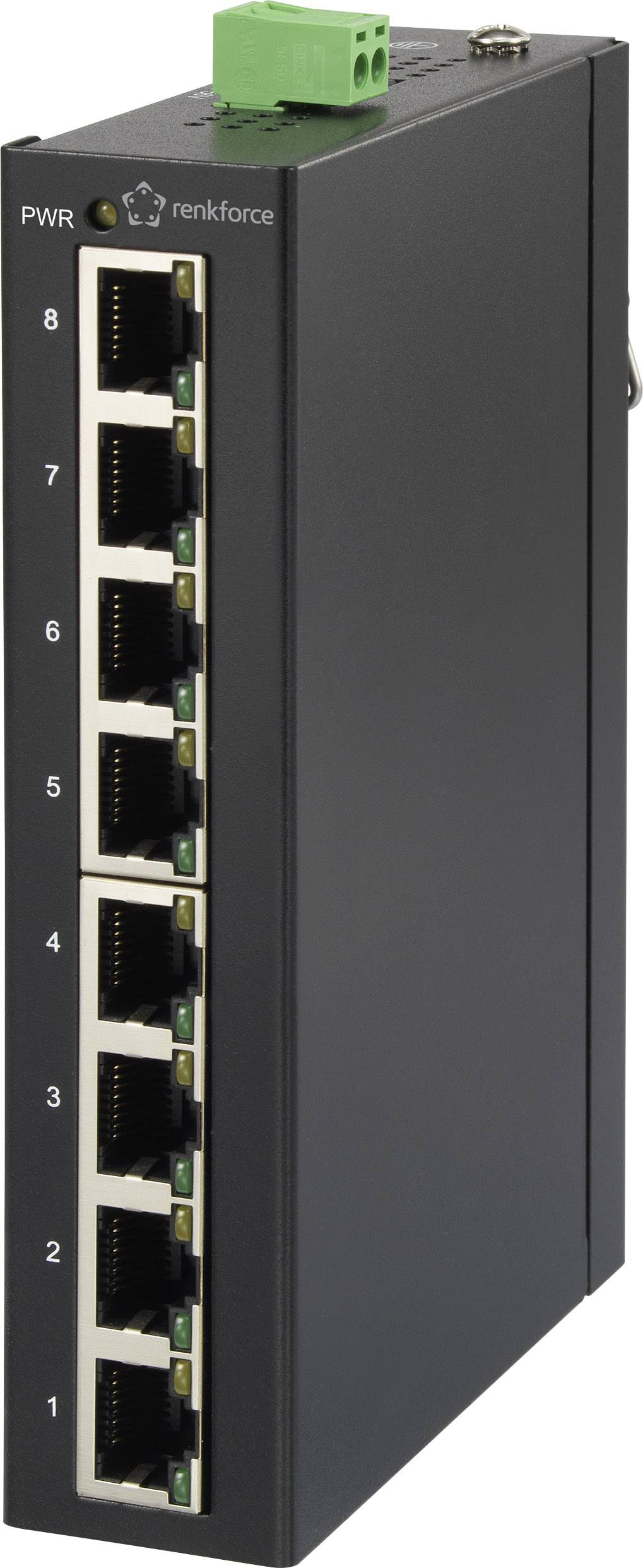 Un switch Ethernet nero con otto porte LAN, numerate da 1 a 8. Sulla parte superiore sono presenti indicatori di alimentazione e stato. Logo del marchio sulla parte superiore.