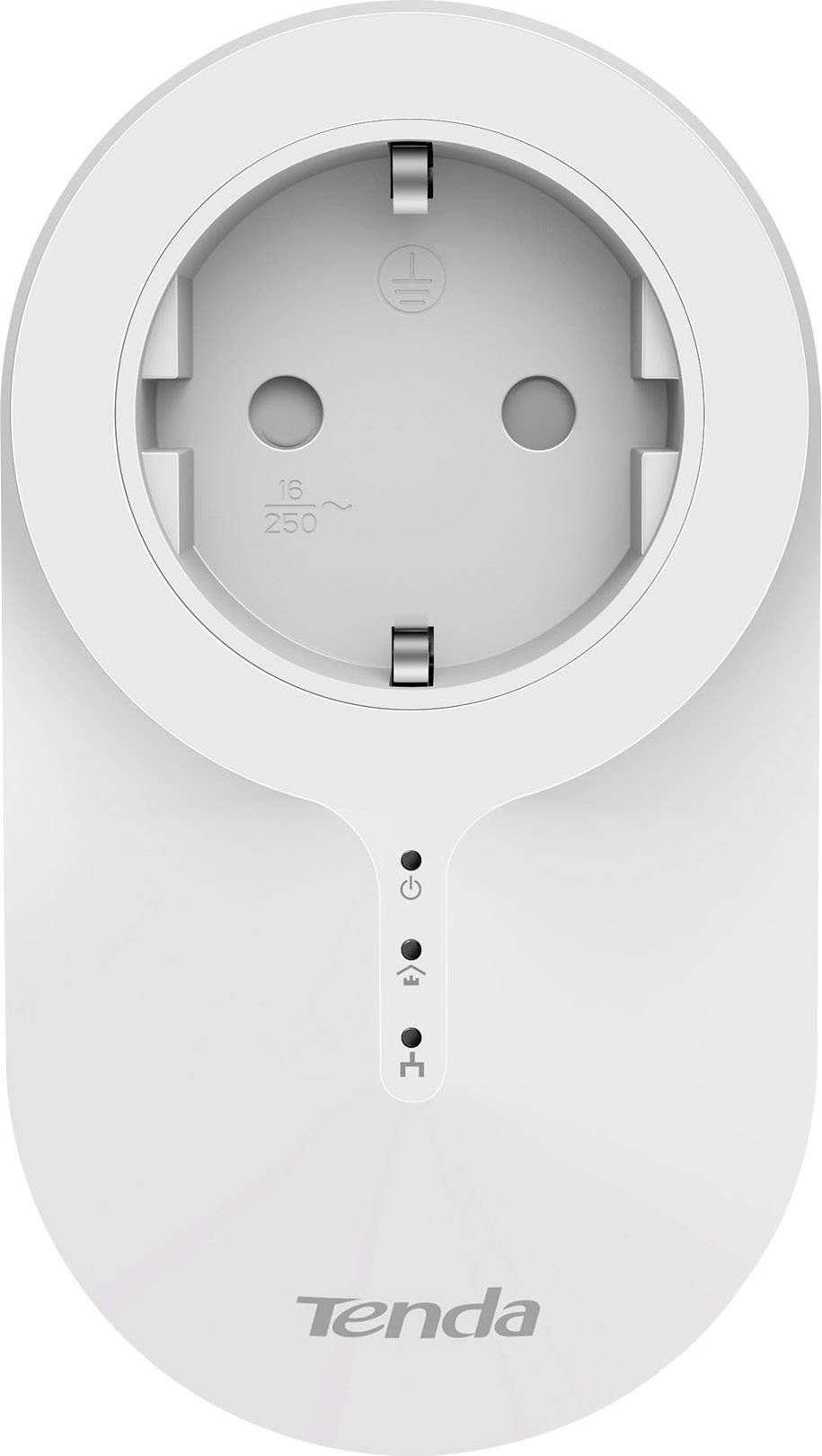 Un adattatore Tenda per presa di rete Wi-Fi bianco con due slot e tre spie luminose.