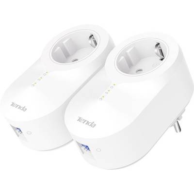 Due adattatori Powerline Tenda bianchi con prese elettriche e connessioni Ethernet, posizionati uno accanto all'altro per connessioni di rete domestiche.