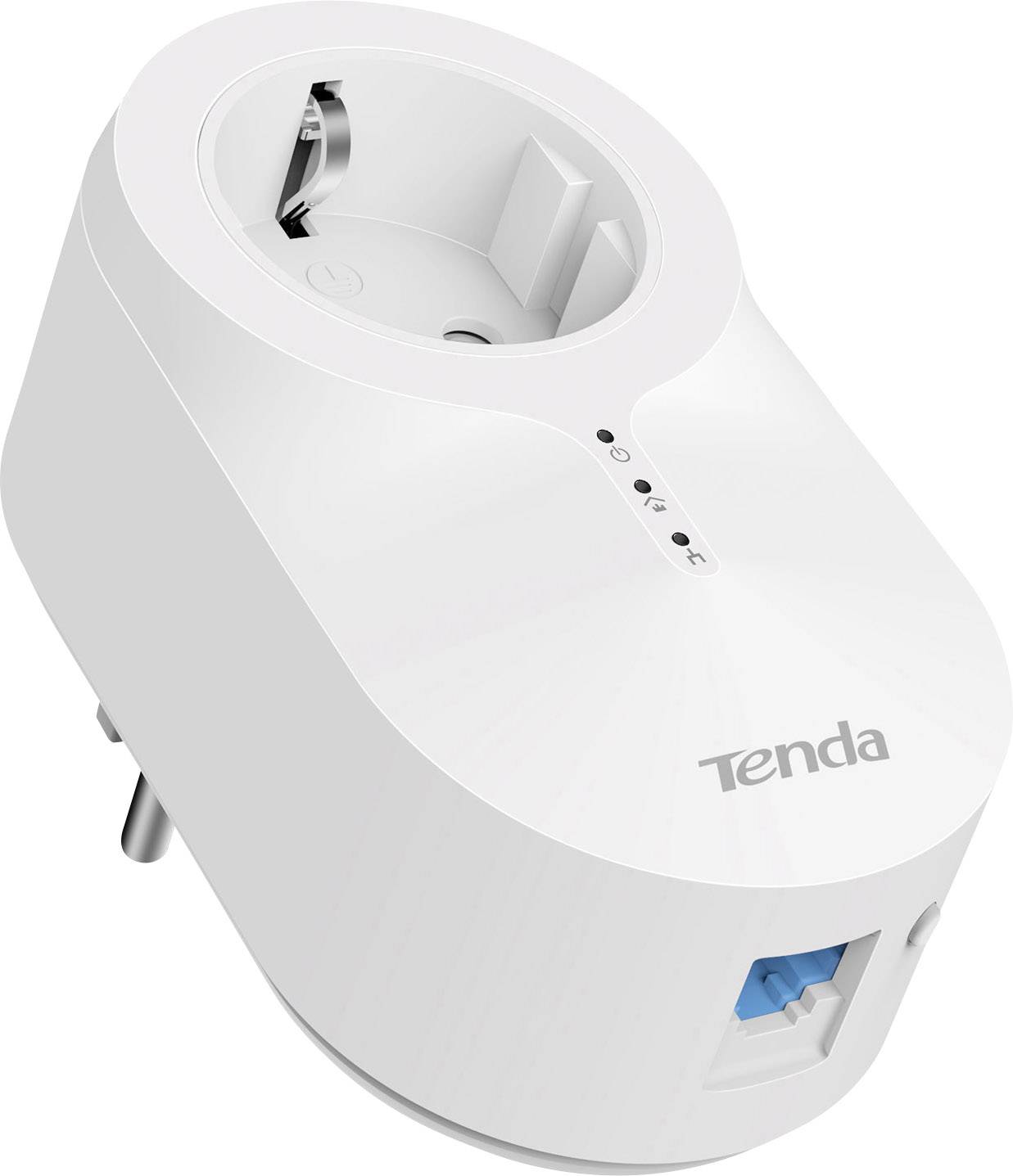 Un adattatore di rete bianco Tenda con porta Ethernet e indicatori LED.