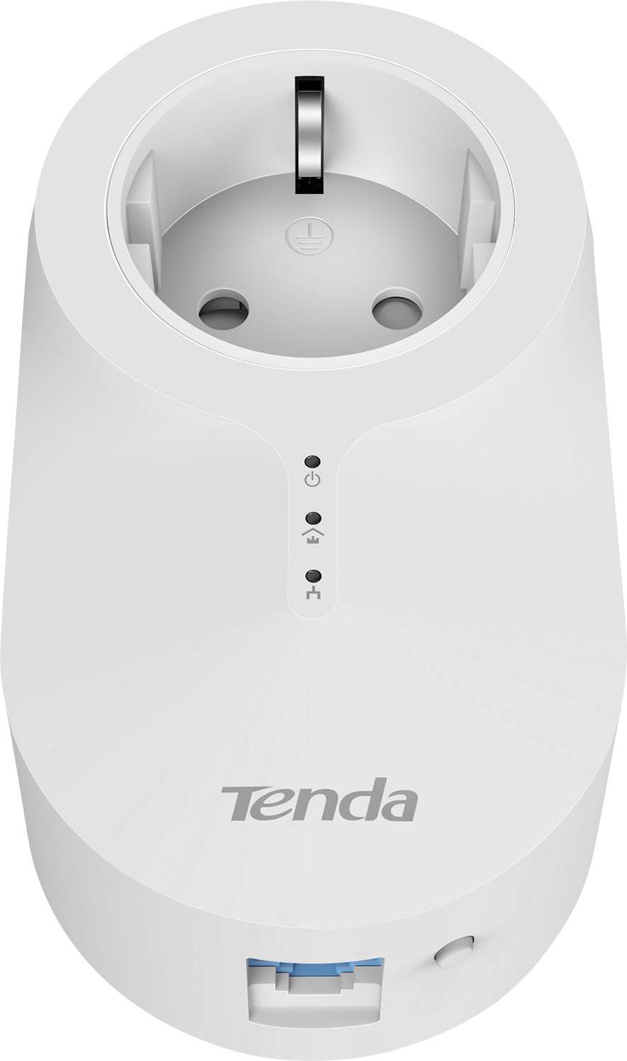 Presa intelligente bianca di Tenda con indicatori LED per la connessione WiFi. Idonea per il controllo remoto dei dispositivi tramite un'app.