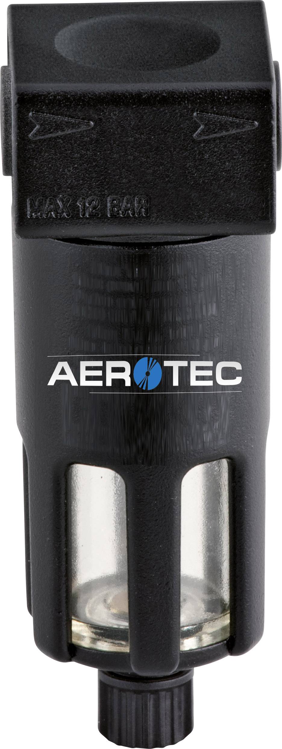 Filtro dell'aria nero con area trasparente per la verifica del contenuto; reca il logo 'AEROTEC', contrassegnato con 'MAX 12 BAR'.