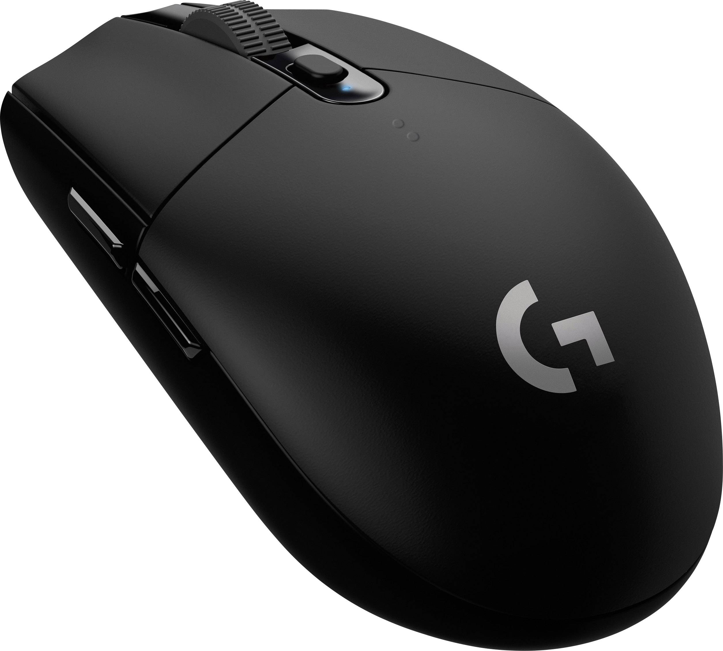 Mouse da gaming nera con tasti laterali e tecnologia del logo.
