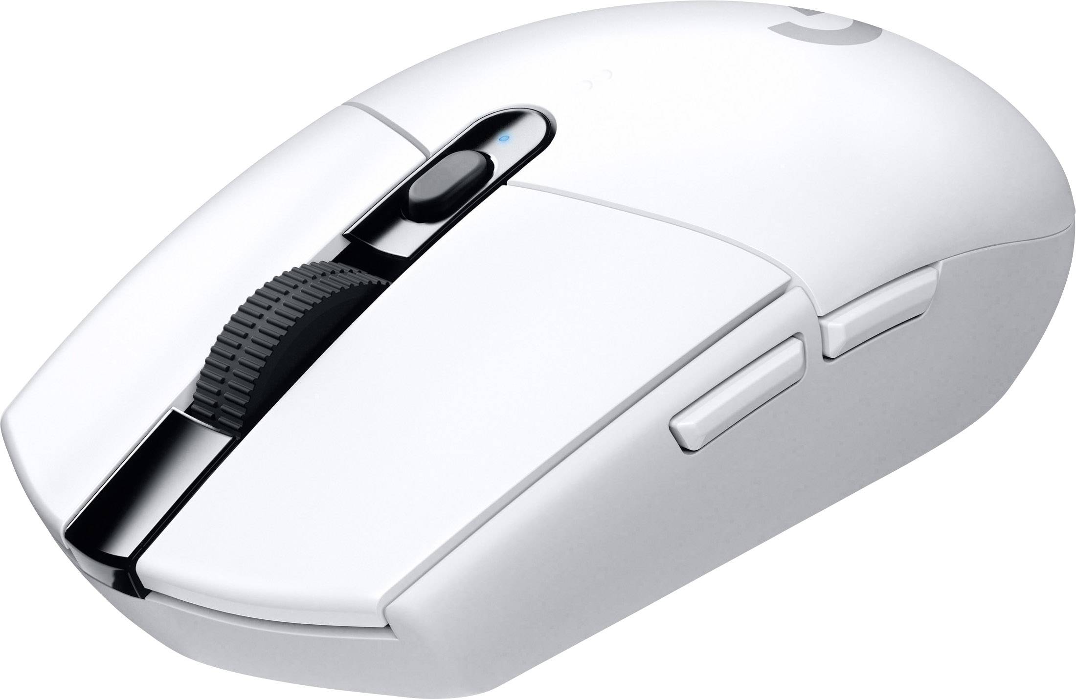 Mouse bianca wireless con due grandi tasti e una rotellina di scorrimento centrale. Un design ergonomico.