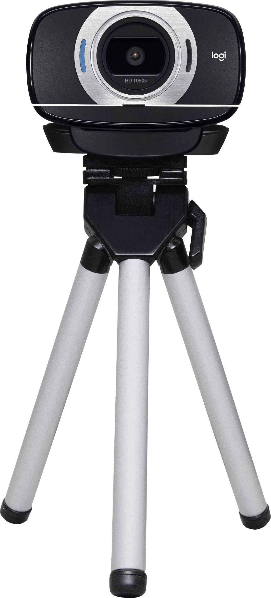 Webcam nera su un treppiede argentato, ripresa frontalmente.