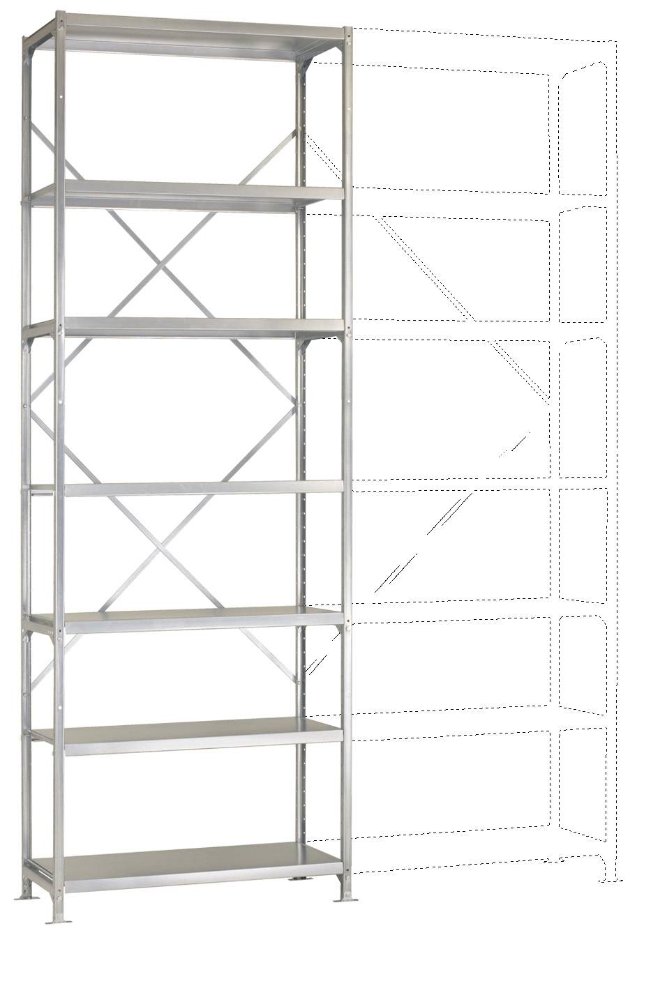 Scaffale metallico a cinque ripiani, con un contorno tratteggiato di un'estensione sulla destra. Ideale per lo stoccaggio e l'organizzazione in officine o magazzini.