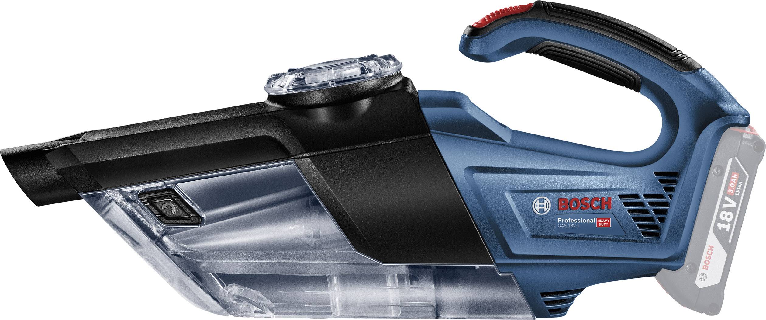 Un aspirapolvere portatile Bosch a 18V di colore blu e nero, con contenitore della polvere trasparente e impugnatura ergonomica.