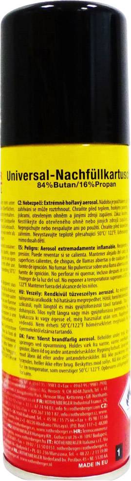 Cartuccia spray universale ricaricabile mostra 84% butano, 16% propano. Confezione giallo-rossa con avvertenze di sicurezza e istruzioni.