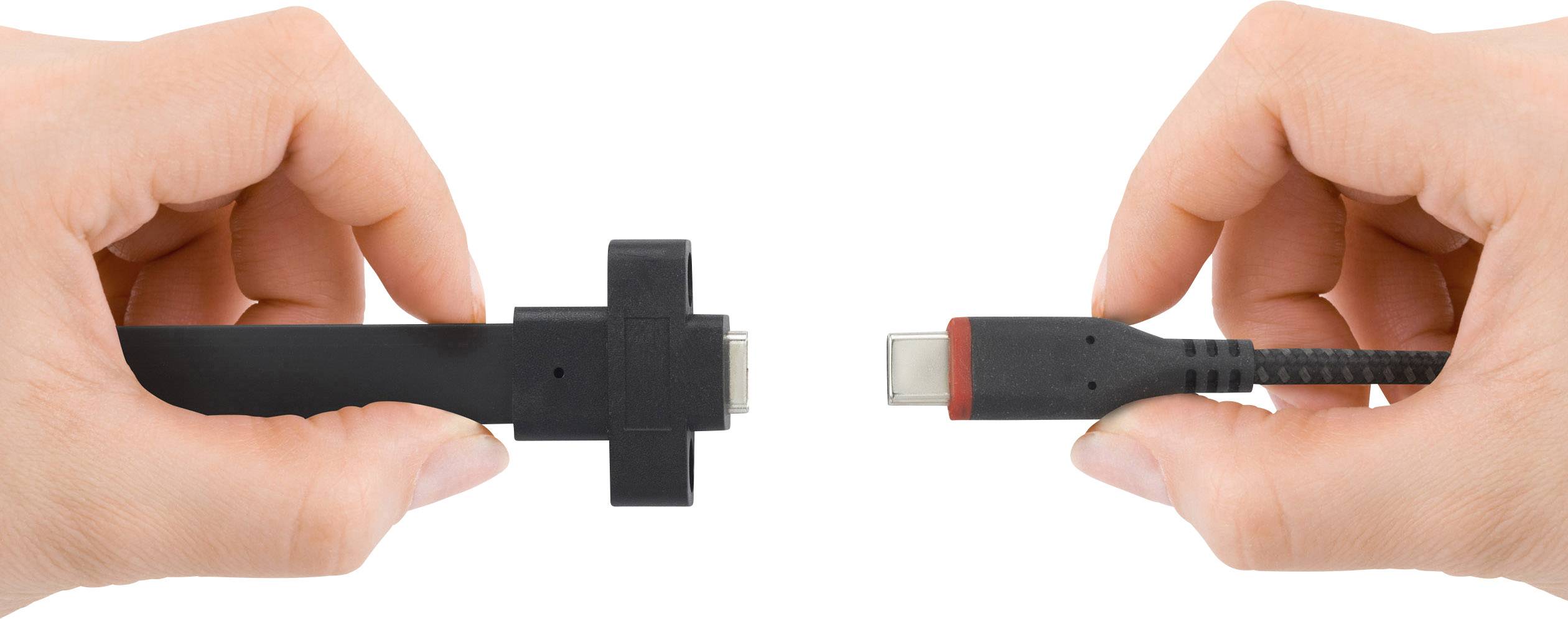 Due mani che tengono spine: a sinistra HDMI, a destra USB-C.