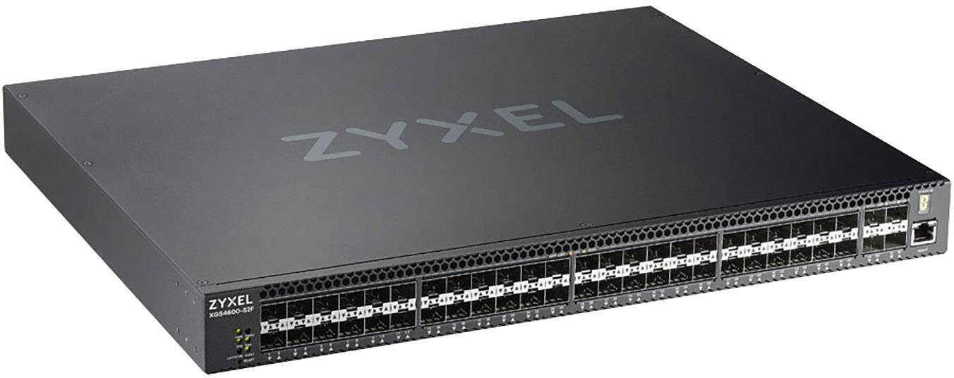 Un switch di rete nero con più porte sul lato frontale, reca il logo 'Zyxel'. Progettato per uso professionale IT.