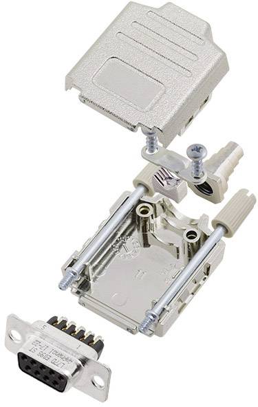 Vista esplosa di un connettore D-Sub con involucro metallico, viti e componenti di connessione, che mostra i componenti di assemblaggio.