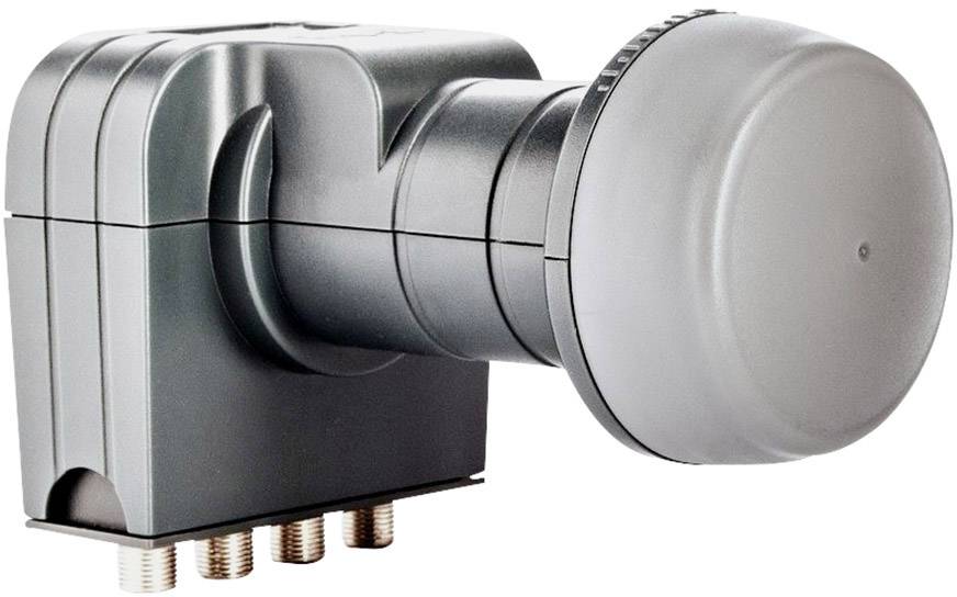LNB grigio per satelliti con quattro connettori coassiali alla base. Utilizzato per distribuire il segnale satellitare a più ricevitori.