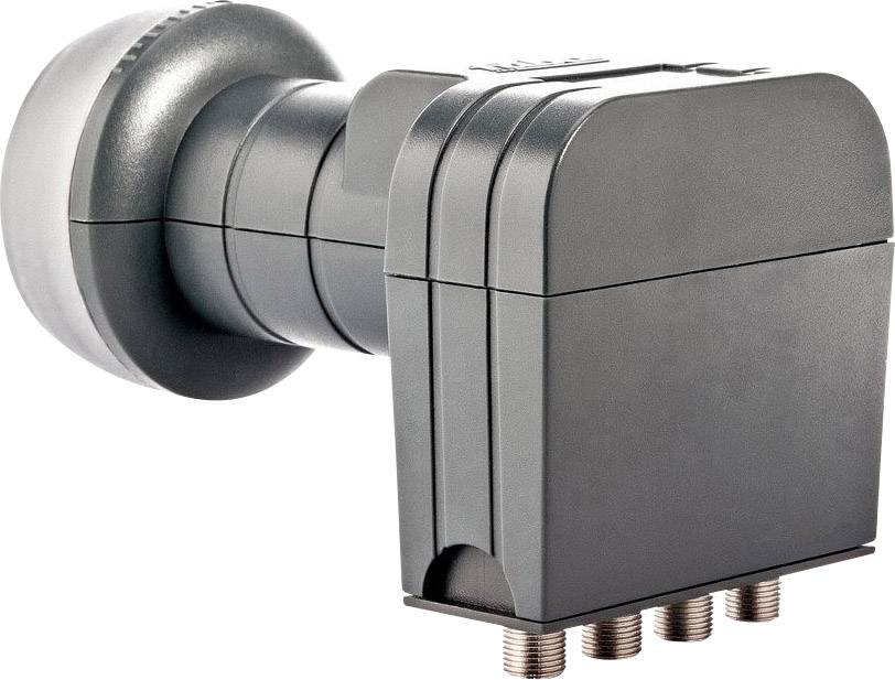 Un LNB (Low Noise Block) grigio con quattro connettori per la ricezione di segnali satellitari.