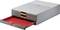 Sistema di archiviazione grigio con due cassetti. Il cassetto inferiore è estratto in rosso, quello superiore in giallo.