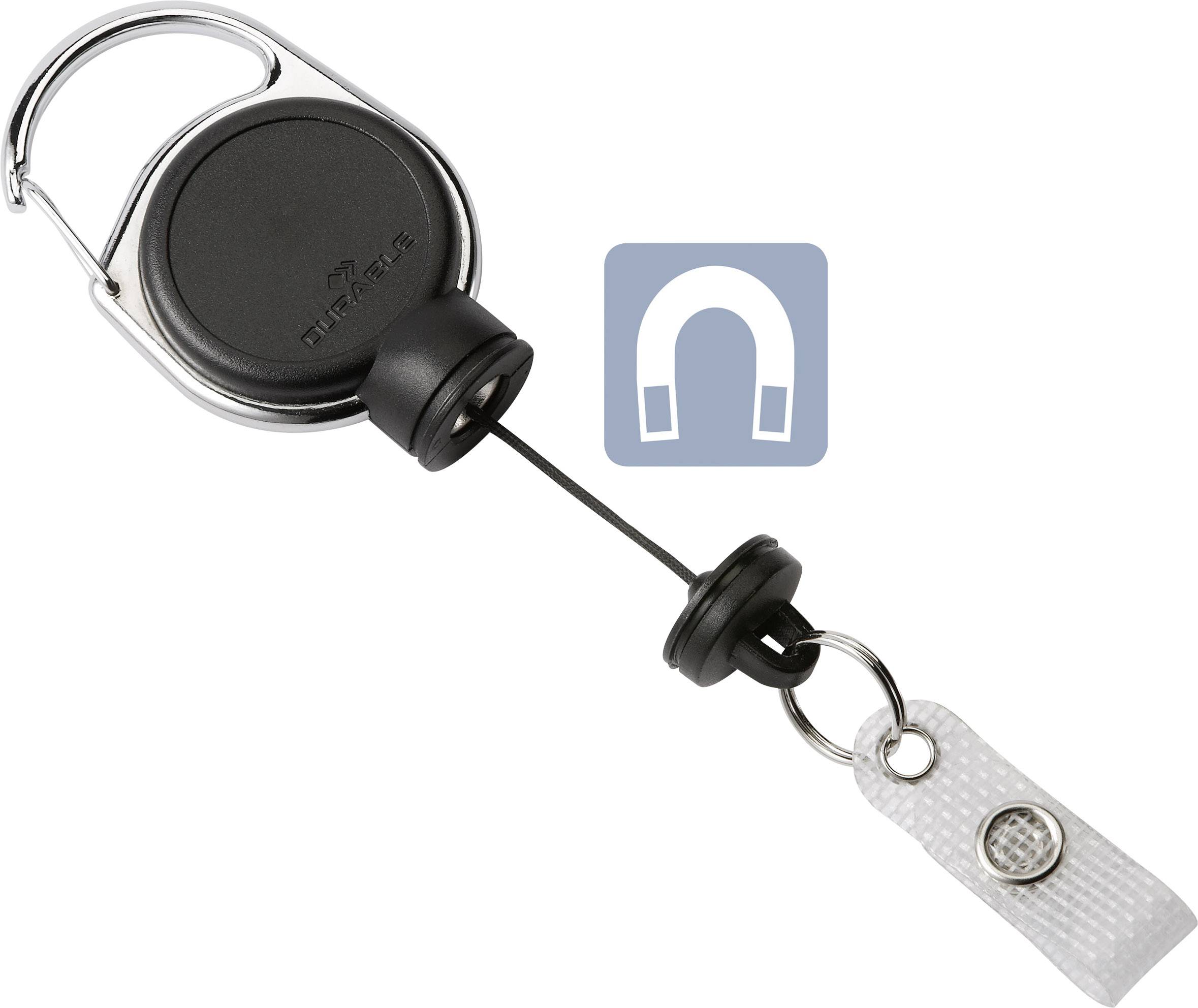 Un portachiavi rotondo nero con un cordino retrattile e un clip ad esso fissato. Accanto un simbolo per il magnetismo.