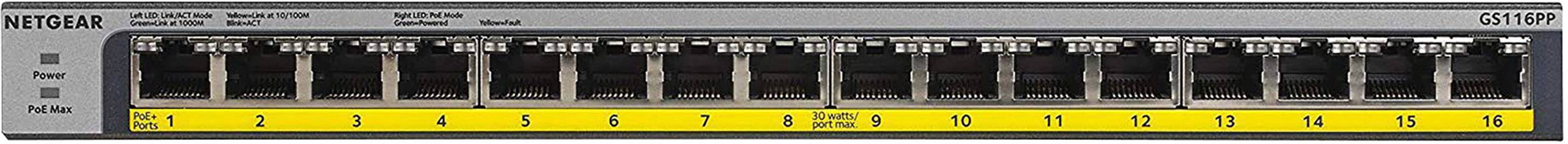 Switch di rete con 16 porte Ethernet, numerate da 1 a 16. Nome del marchio in alto a sinistra, LED di stato operativo sul lato sinistro.