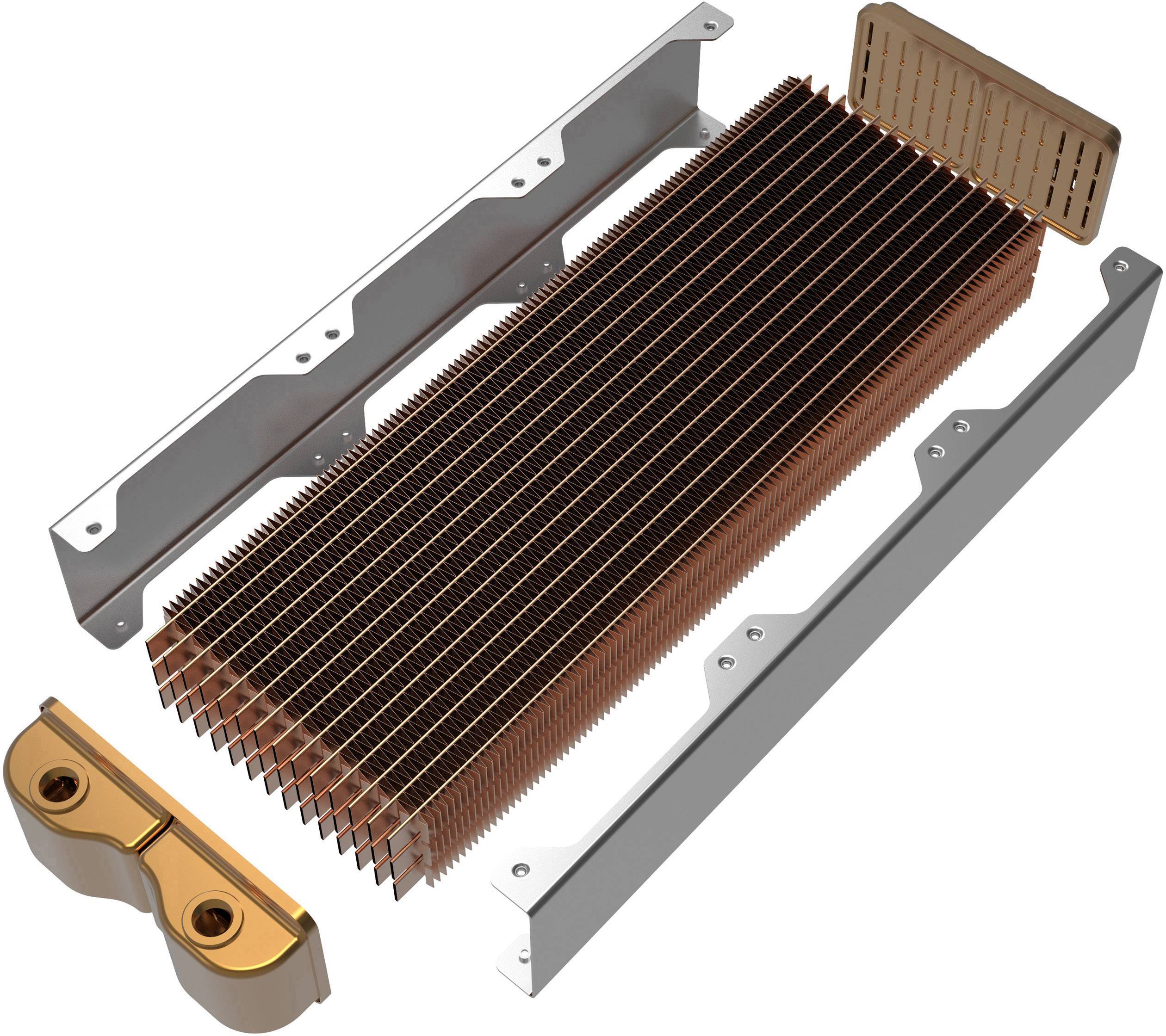 Dissipatore di calore con struttura a lamelle in rame e supporti laterali, utilizzato per la dissipazione termica nei dispositivi elettronici.