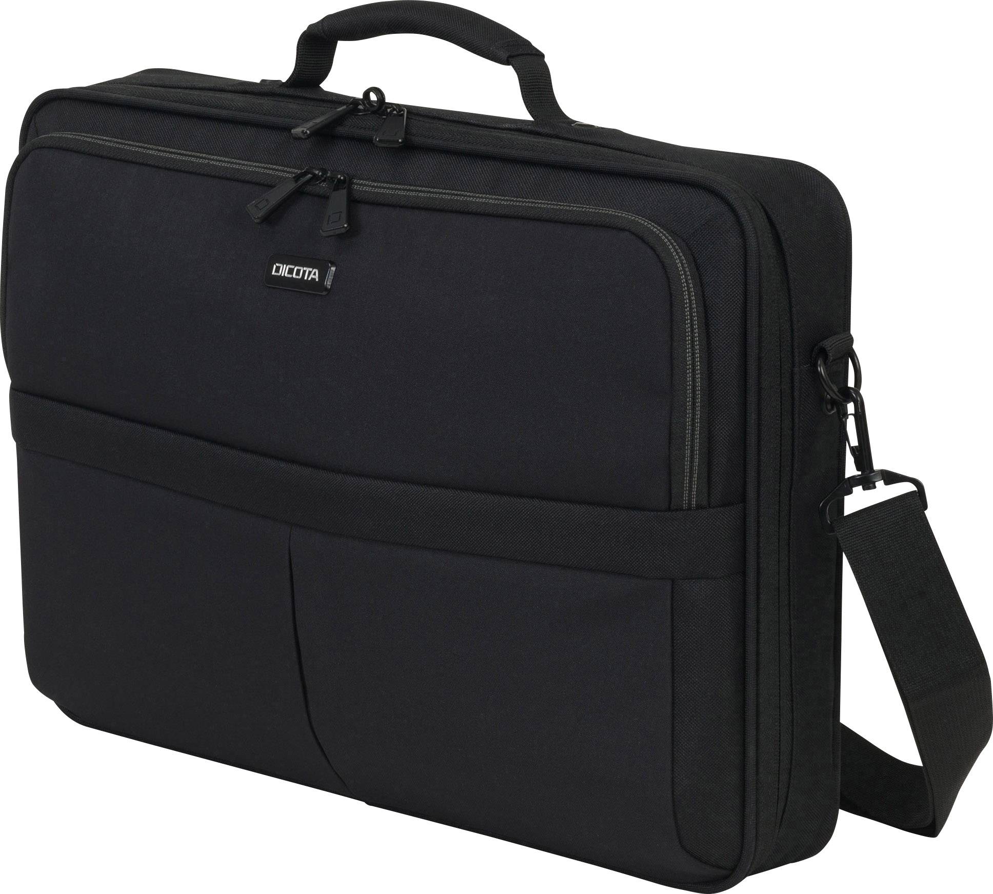 Una borsa nera, rettangolare per laptop con manico e tracolla, adatta al trasporto sicuro di laptop e accessori.