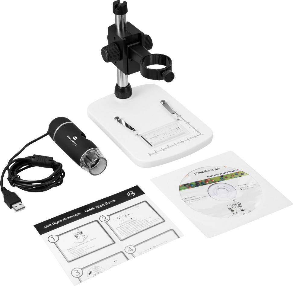 Kit microscopio digitale con supporto, cavo USB, manuale di istruzioni e CD software. Ideale per ingrandimenti e analisi precise.