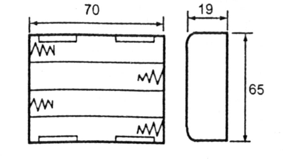 'Disegno tecnico di una scatola rettangolare con dimensioni: larghezza 70 mm, profondità 19 mm, altezza 65 mm. All'interno tre linee ondulate.'