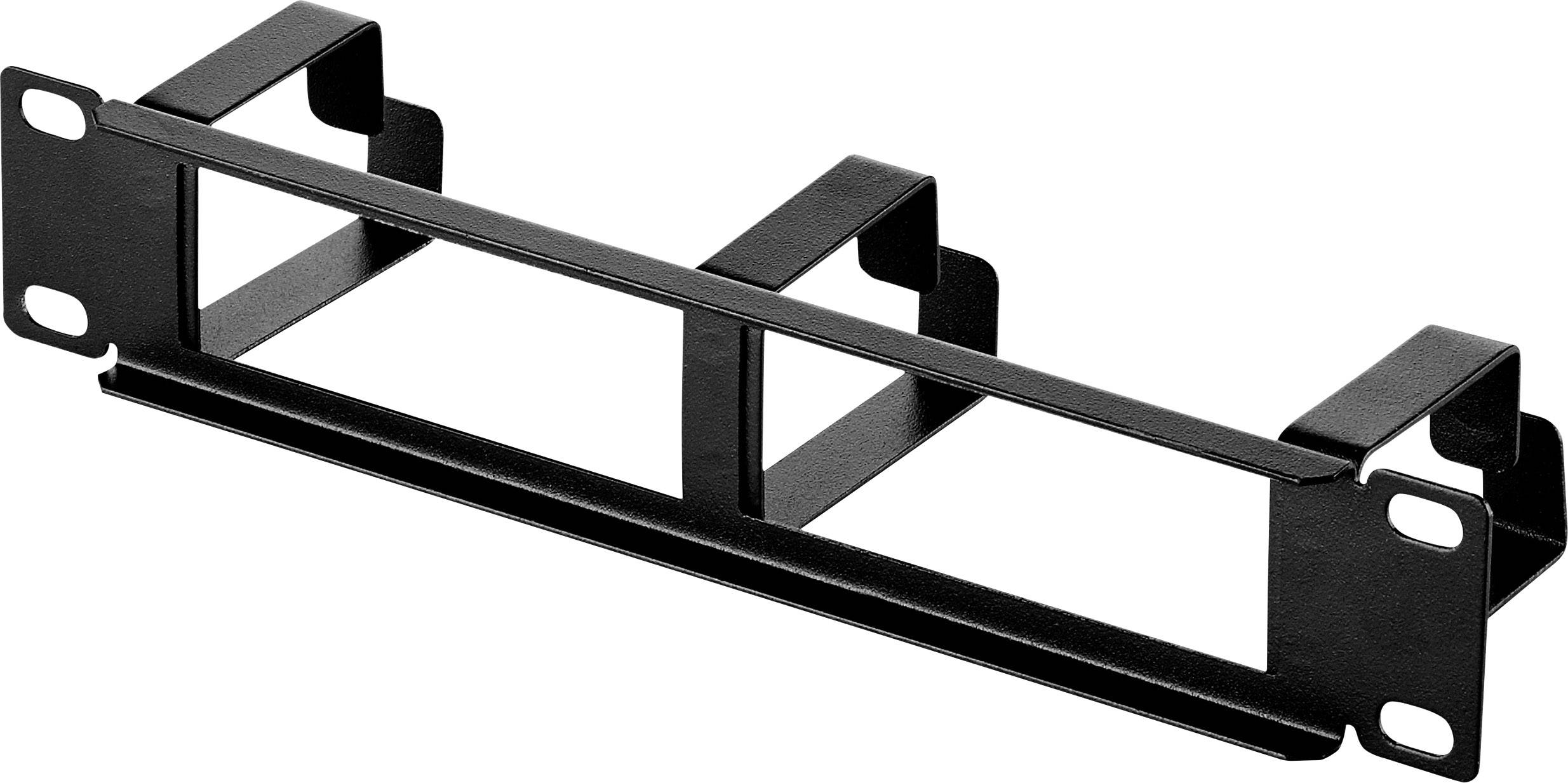 Cornice in metallo nero con tre aperture rettangolari, adatta per la gestione dei cavi in armadi di rete o rack per server.