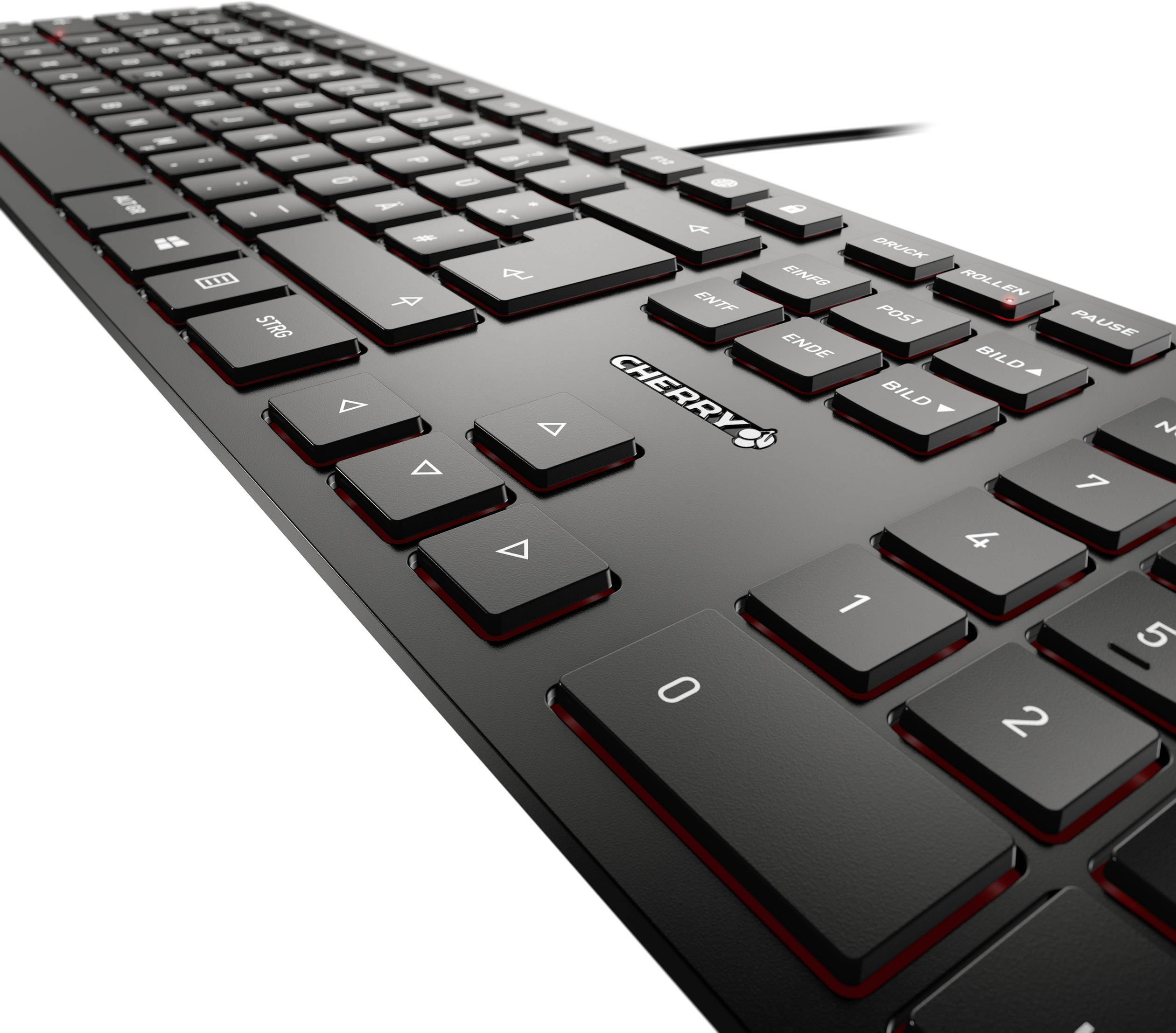 Tastiera nera per computer con sfondo rosso, design piatto. Le etichette dei tasti sono ben visibili.