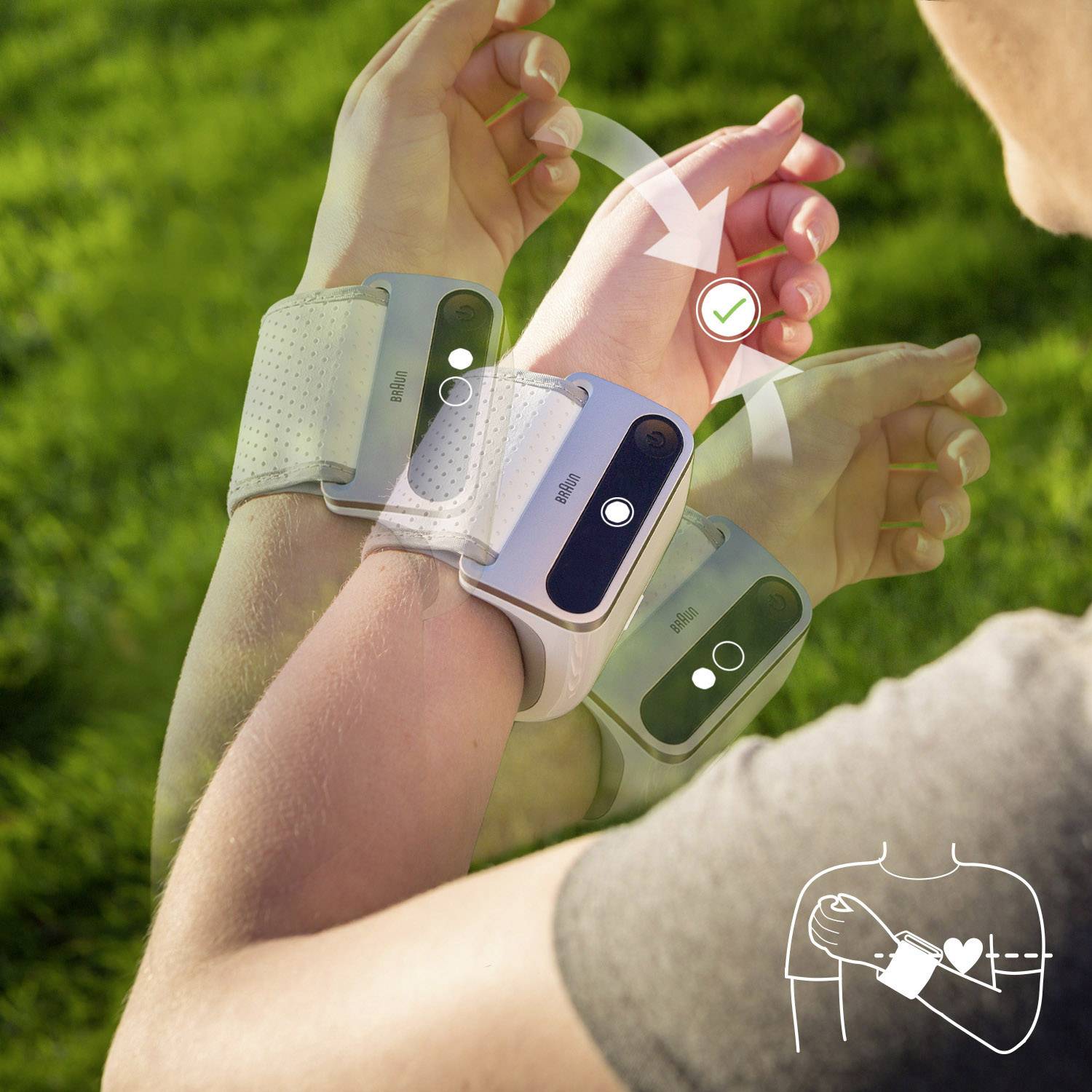 Una persona indossa un misuratore di pressione sanguigna al polso all'aperto. Un diagramma mostra l'applicazione corretta mediante rotazione del polso.