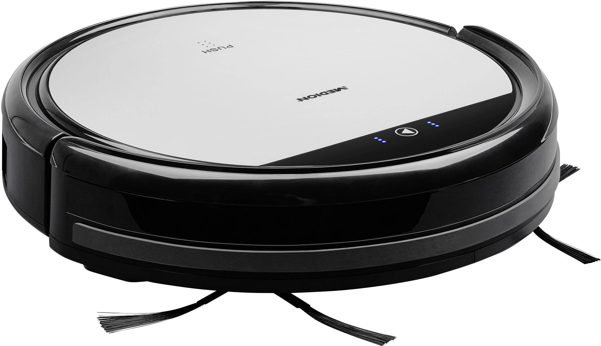 Aspirapolvere robot rotondo e piatto in nero e bianco con spazzole laterali e tasti di controllo sulla parte superiore, su uno sfondo bianco.