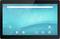 Un tablet con uno sfondo blu mostra simboli di app come Chrome, Gmail e Play Store nella parte inferiore dello schermo.