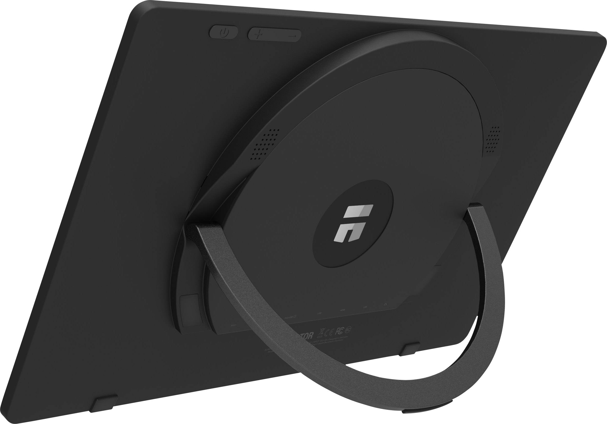 Un tablet PC con un supporto pieghevole sul retro, che si inclina leggermente in avanti; ideale per lavorare a mani libere.