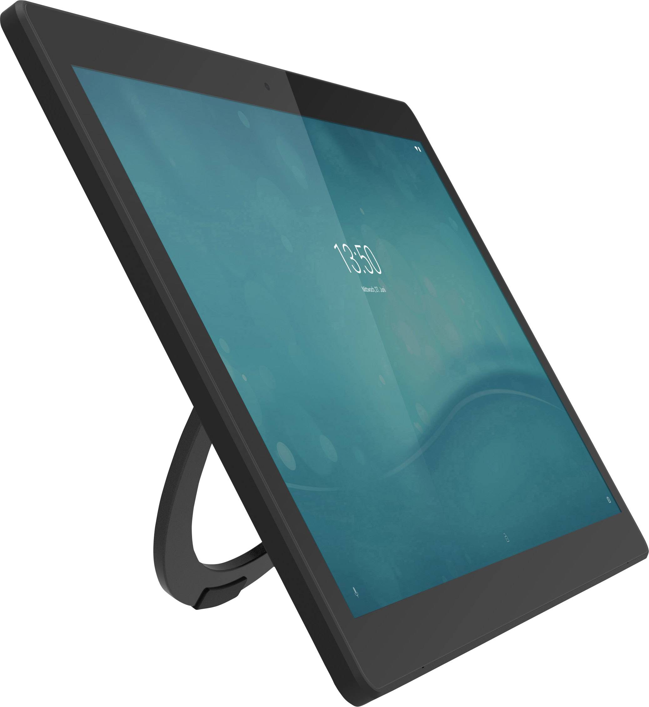 Un tablet nero è posizionato verticalmente con un supporto, sul suo schermo blu viene visualizzata l'ora '13:50'.