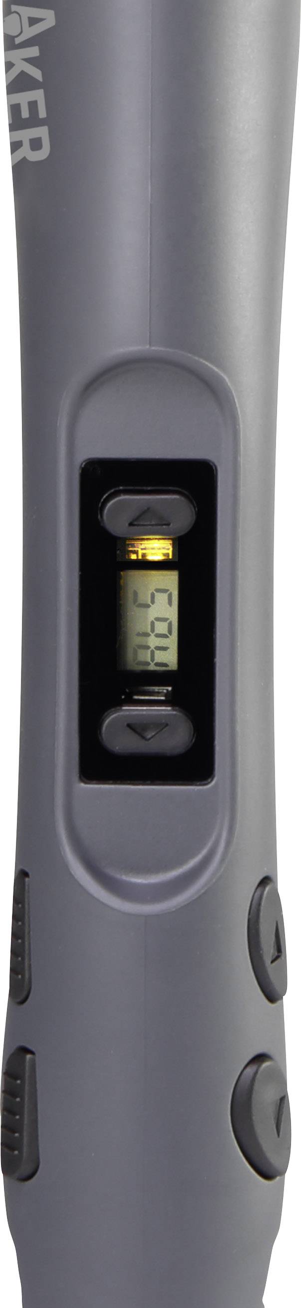Arricciacapelli elettrico grigio con display digitale, che mostra '180'. Due pulsanti neri sul lato.